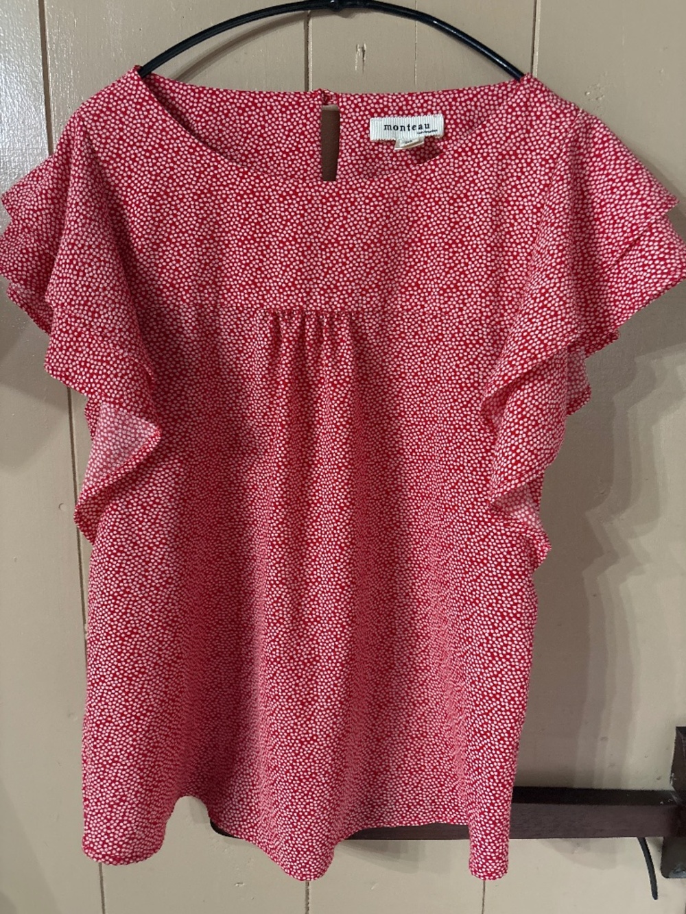 Monteau red and white polkadot ruffle sleeves shirt, size medium
